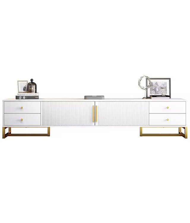 Modern Marble Top TV Stand with Gold/Black Metal Frame | Fluted Door Media Console