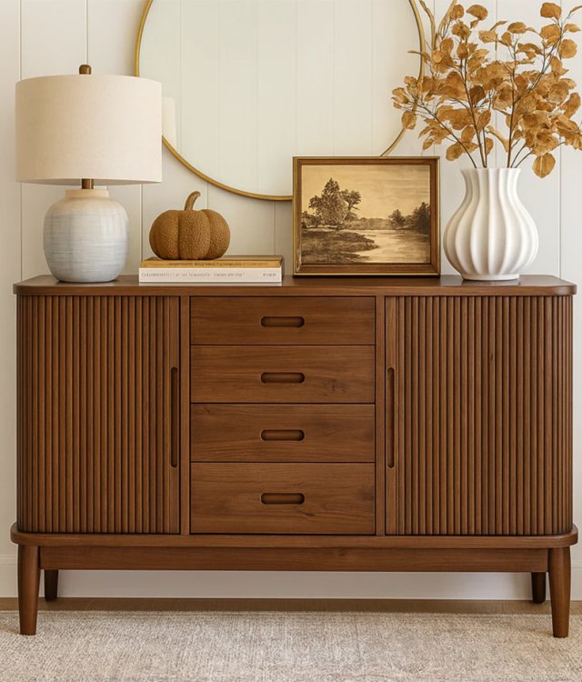 Modern Fluted Solid Wood Sideboard | Dining Room Storage Cabinet with Drawers