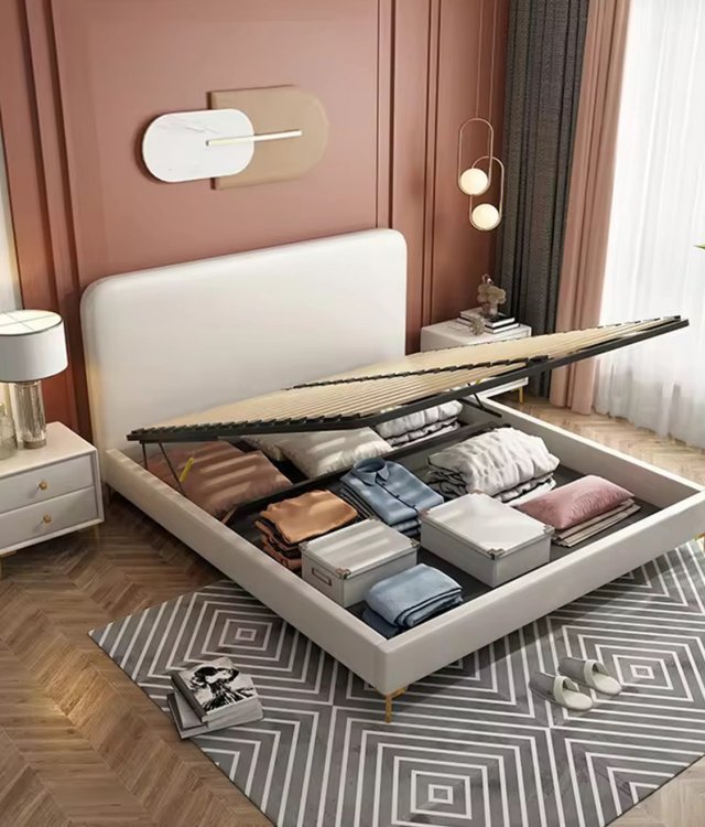 Solid Wood Bed Frame with Metal Legs & Upholstered Headboard | Modern Wooden Platform Bed | 160x200cm