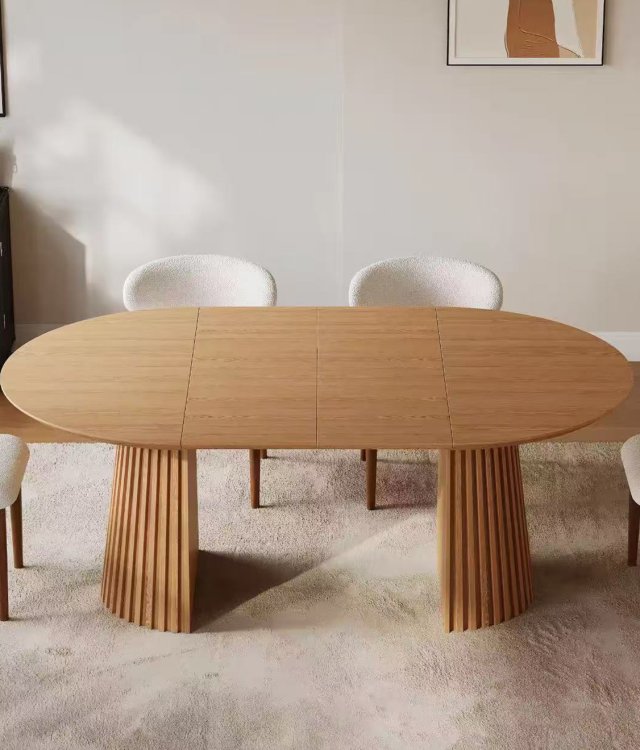 Extendable Solid Wood Dining Table | Fluted Pedestal Expandable Round/Oval Table for Dining Room