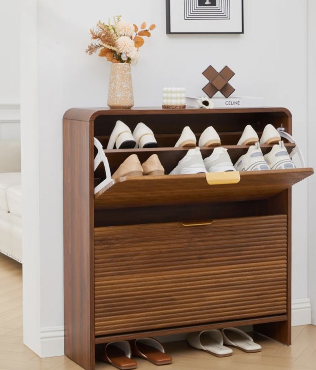 Modern Horizontal Fluted Shoe Cabinet (2 Flip Drawers)