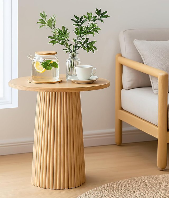 Fluted Round Rattan Side Table | Boho Accent End Table | Modern Bedside Table & Plant Stand