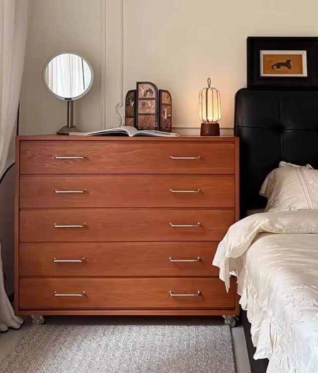 Mobile 5-Drawer Wood Dresser | Rolling Storage Chest with Metal Handles