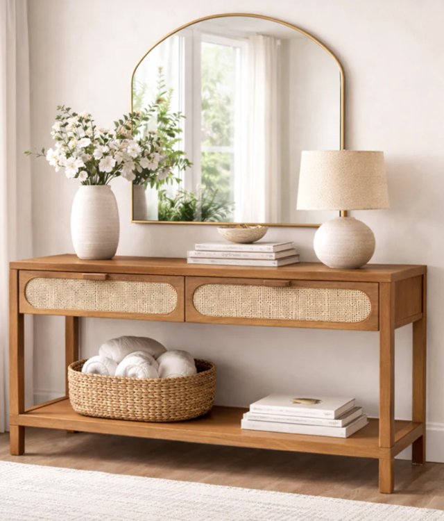 2-Drawer Rattan Console Table | Warm Oak Entryway & Living Room Furniture