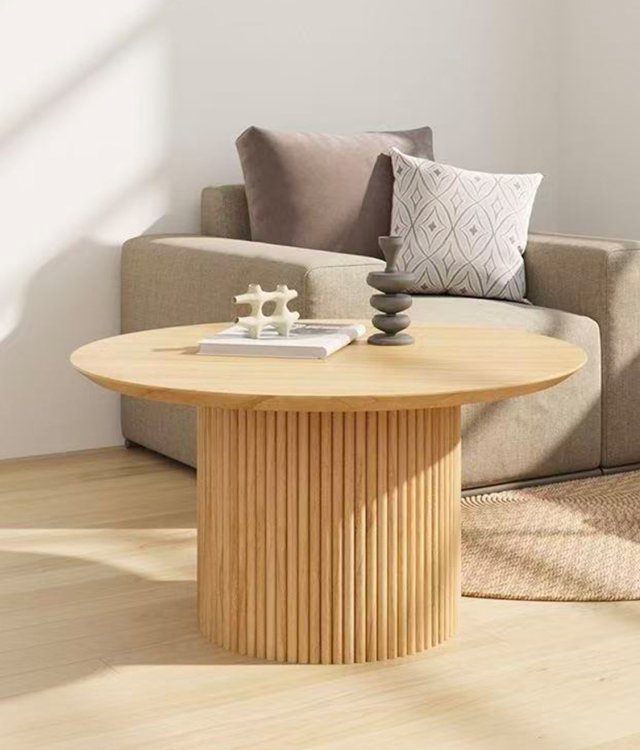 Fluted Leg Round Coffee Table | Solid Pine Wood | Minimalist Living Room Centerpiece