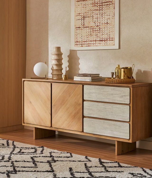 Modern Minimalist Solid Wood Sideboard | Dining Room Storage Cabinet with Doors & Drawers