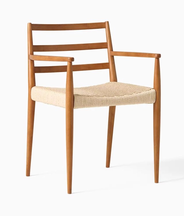 Mid-Century Solid Wood Armchair | Hand-Woven Paper Cord Dining Chair with Ladder Backrest