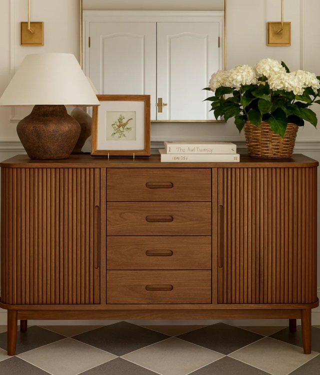 Modern Fluted Solid Wood Sideboard | Dining Room Storage Cabinet with Drawers