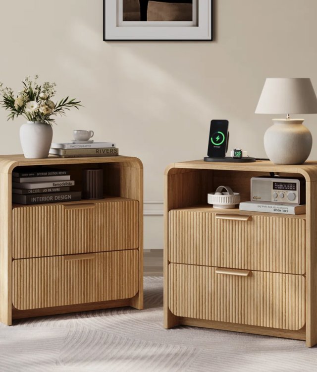 Fluted 2-Drawer Bedside Table with Charging Station | Modern Curved Nightstand