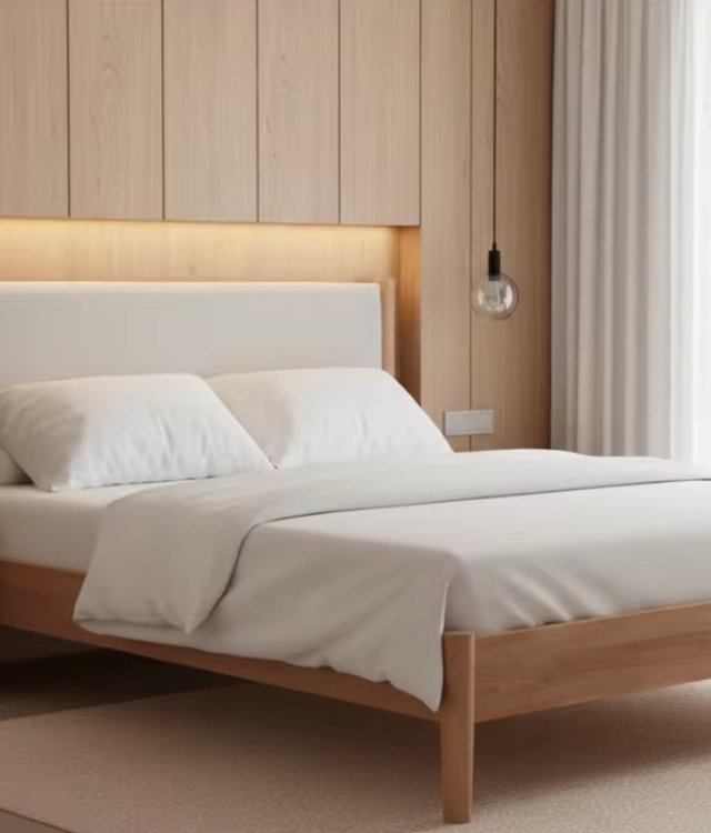 Modern Nordic Bed Frame with Padded Headboard | Natural Wood Bedroom Furniture
