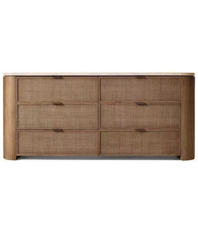 Rattan & Solid Oak Dresser with Travertine Top | 6-Drawer Storage Chest