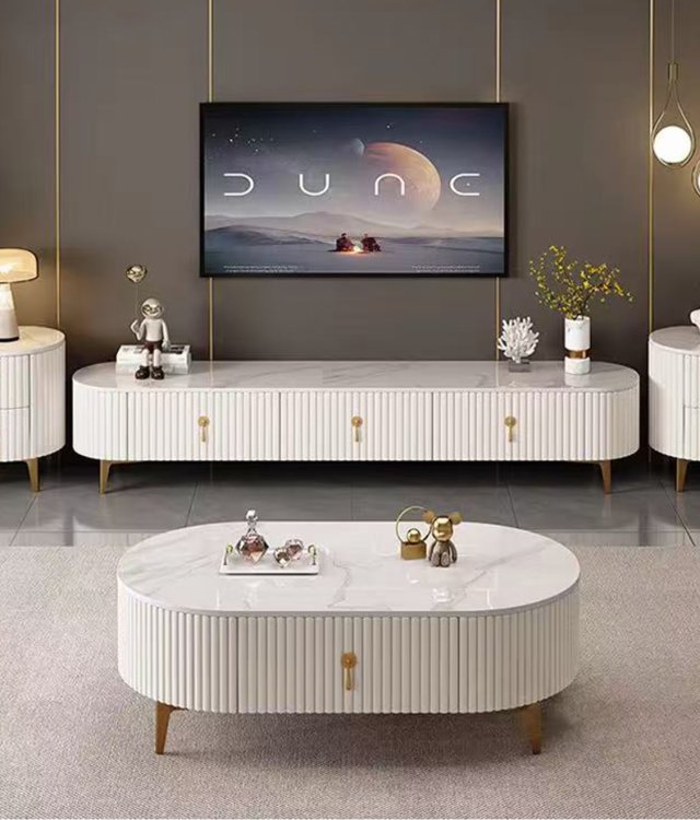 Modern Oval TV Stand & Coffee Table Set | White High-Gloss with Marble Top & Gold Accents