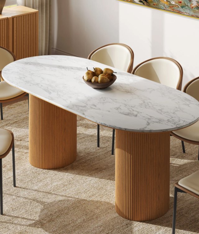 Modern Luxury Oval Dining Table | White Marble Top with Wood Pedestal Base