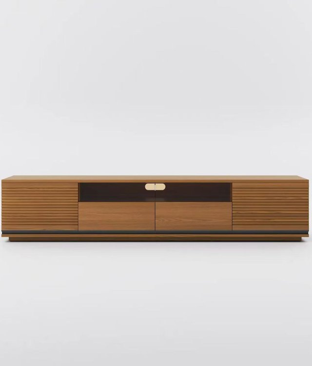 Mid-Century Modern Fluted Wood TV Stand | Media Console with Glass Open Storage