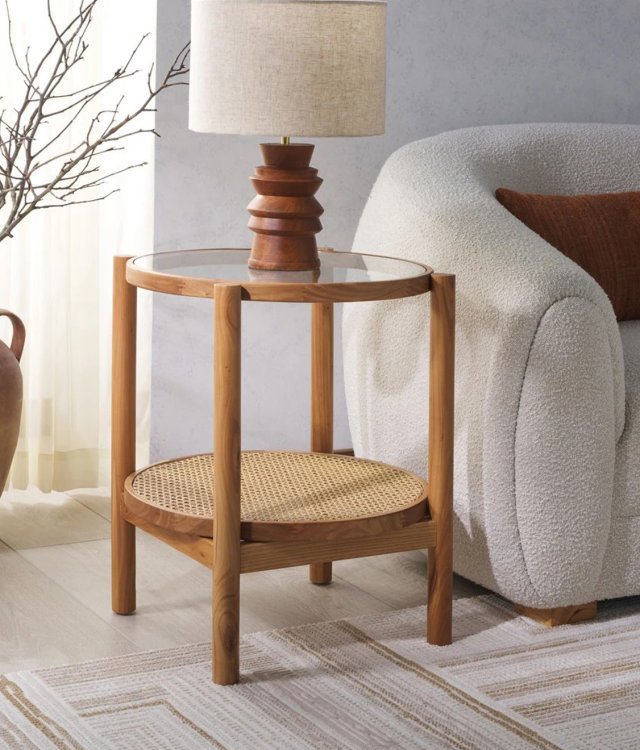 Modern Double-Layer Side Table | Tempered Glass Top, Rattan Base & Elm Wood Legs | Boho Accent