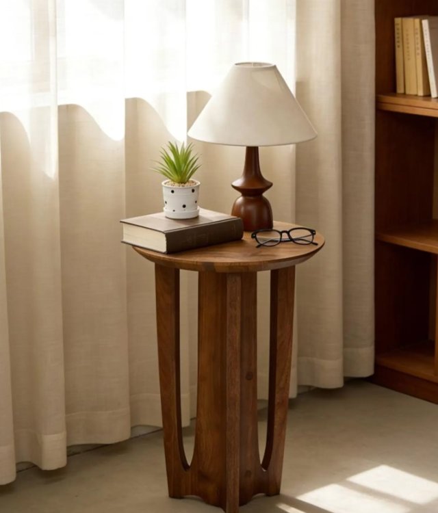 Mid-Century Modern Round Side Table Set of 2, Walnut Veneer, Curved Legs Accent Table for Living Room Bedroom
