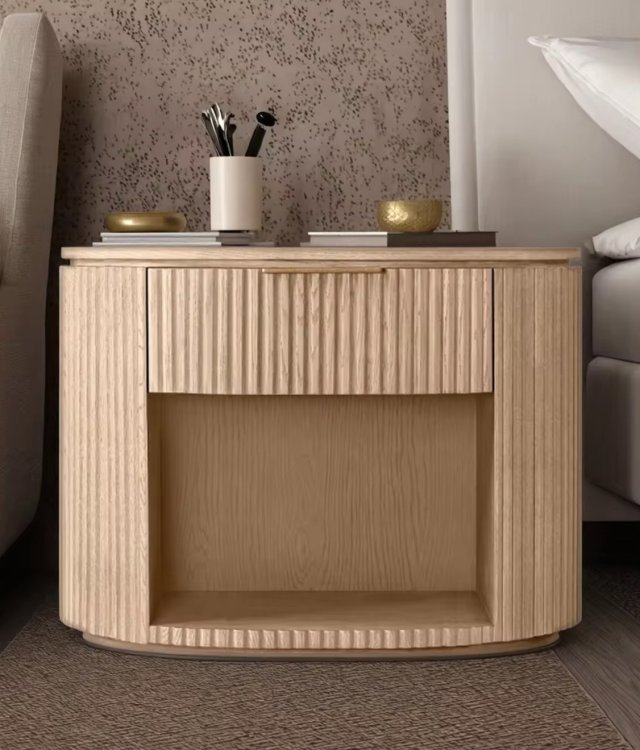 Modern Fluted Solid Wood Oval Bedside Table - 1 Drawer Nightstand with Open Storage