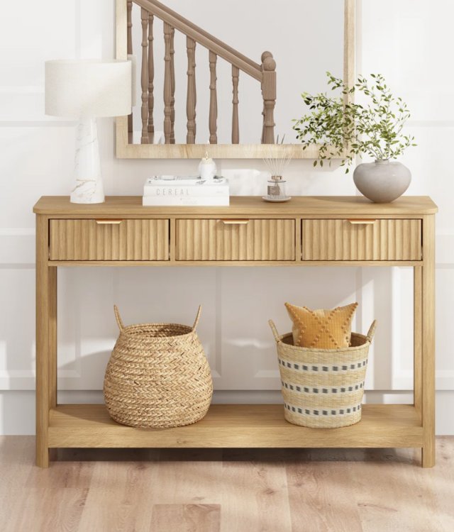 3-Drawer Fluted Console Table | Light Oak Hallway & Entryway Furniture
