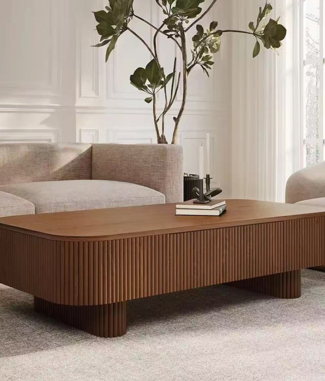 Modern Fluted Rectangular Coffee Table | Mid-Century Style | Warm Walnut Finish