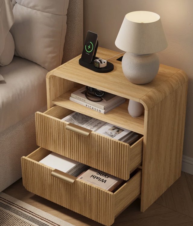 Fluted 2-Drawer Bedside Table with Charging Station | Modern Curved Nightstand