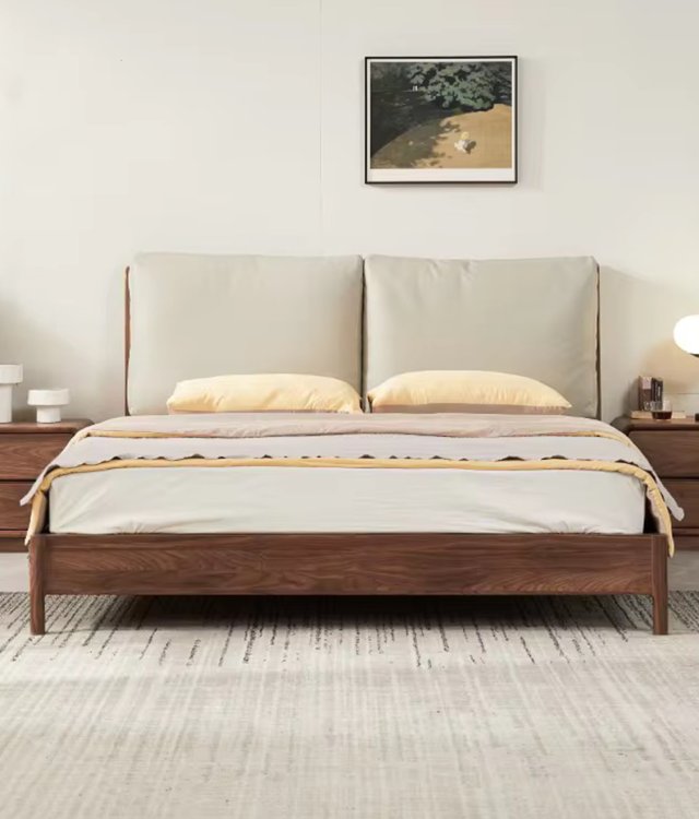 Modern Solid Wood Bed with Removable Upholstered Headboard | Walnut Finish