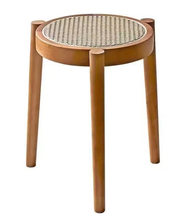 Modern Rattan Solid Wood Stool | Round Woven Seat Stool for Kitchen & Living Room