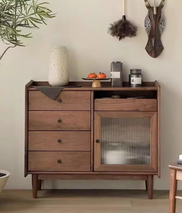 Vintage Arched Glass Door Wood Dresser | Mid-Century Storage Cabinet with Drawers