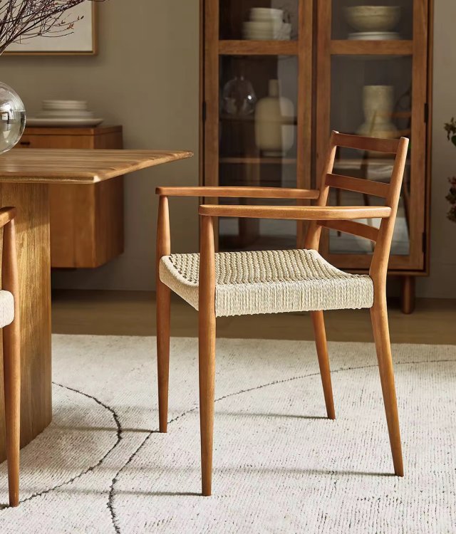 Mid-Century Solid Wood Armchair | Hand-Woven Paper Cord Dining Chair with Ladder Backrest