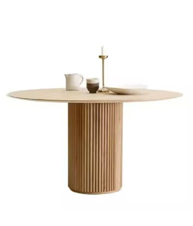 Nordic Fluted Pedestal Round Dining Table | Solid Wood Ribbed Column Table for Small Spaces