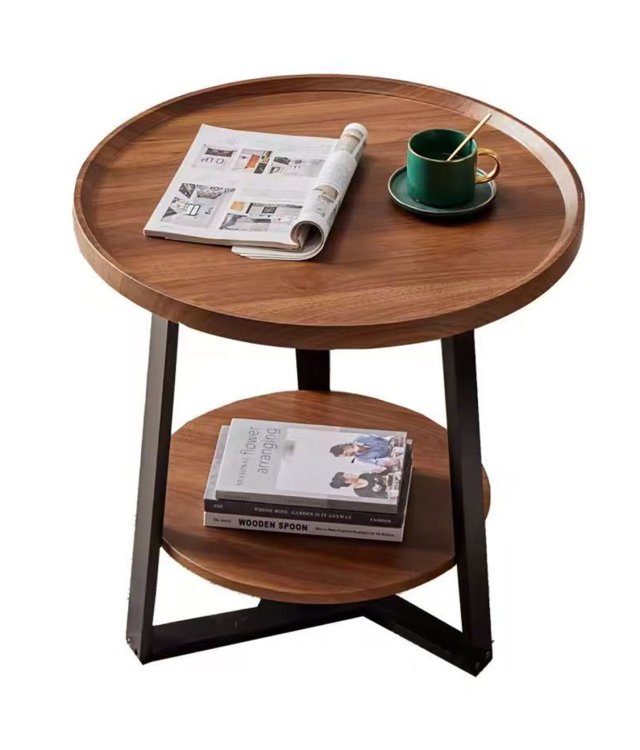 Industrial 2-Tier Round Side Table | Wood & Metal End Table with Storage