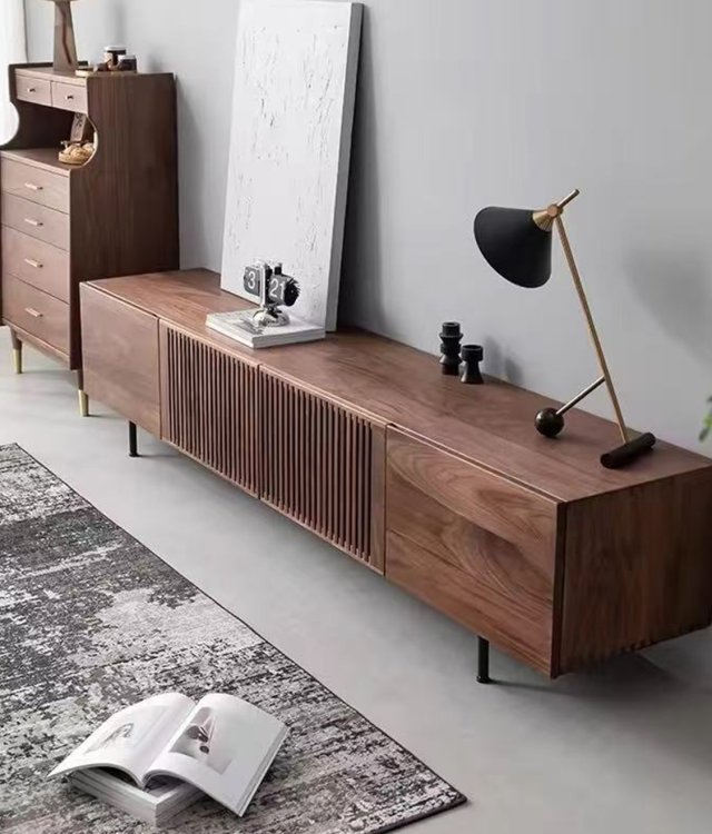Minimalist Slatted Wood TV Stand & Coffee Table Set | Oak/Walnut Media Console with Metal Legs