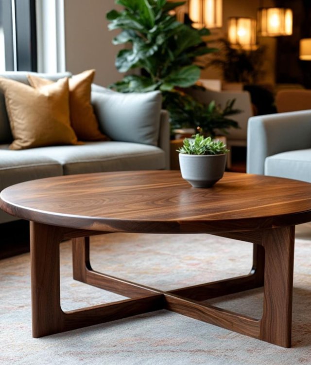 Minimalist Round Coffee Table | Sturdy Cross-Leg Base | Oak Veneer Top for Modern Living Room
