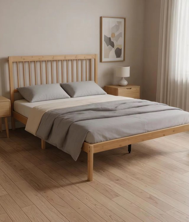 Natural Solid Wood Platform Bed Frame with Vertical Slatted Headboard | 160x200cm 