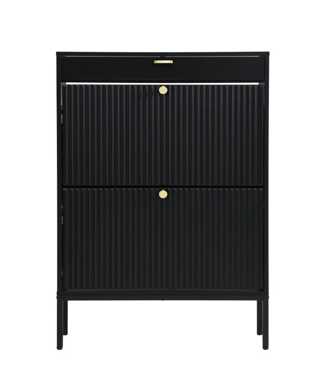 Modern Black Fluted Shoe Cabinet with Drawer & Tilt-Out Storage