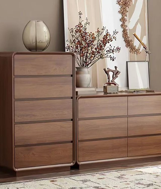Mid-Century Solid Wood Chest of Drawers | 9-Drawer & 5-Drawer Options | Walnut Rounded Corner Storage Cabinet