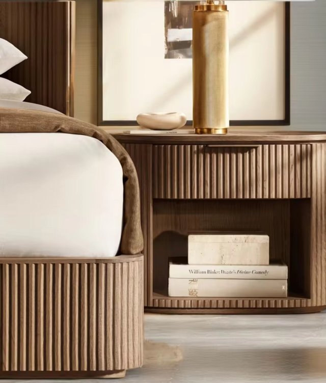 Modern Fluted Solid Wood Oval Bedside Table - 1 Drawer Nightstand with Open Storage