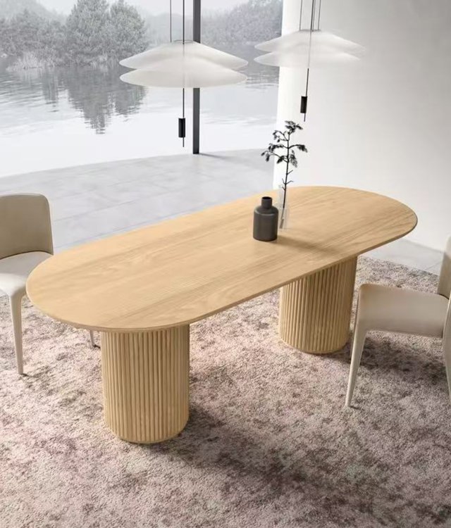 Nordic Fluted Double Pedestal Oval Dining Table | Solid Wood Dining Room Furniture