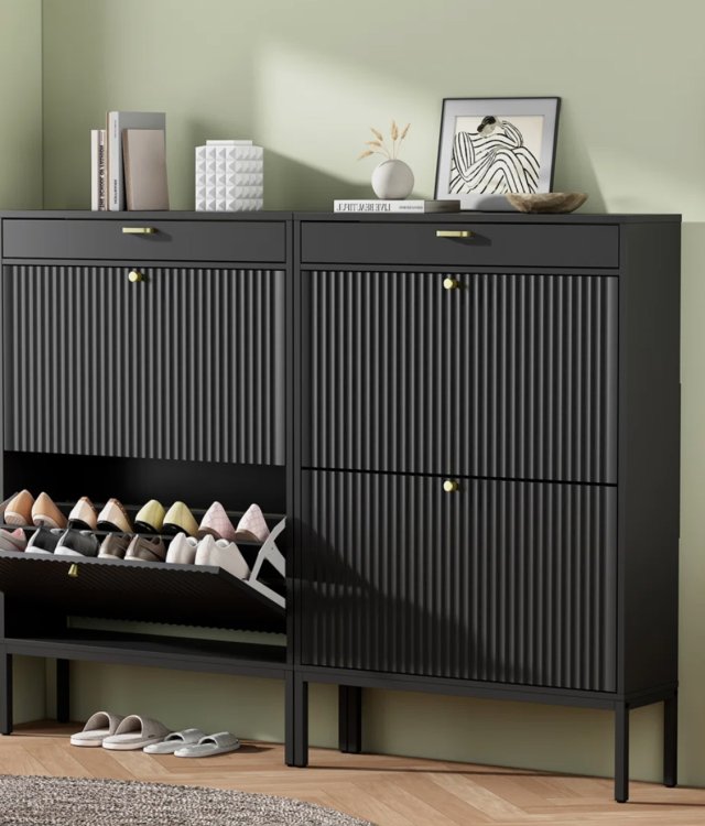 Modern Black Fluted Shoe Cabinet with Drawer & Tilt-Out Storage