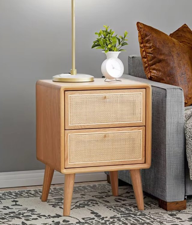 Nordic Rattan Solid Wood Bedside Table | Minimalist Natural Bedside Table