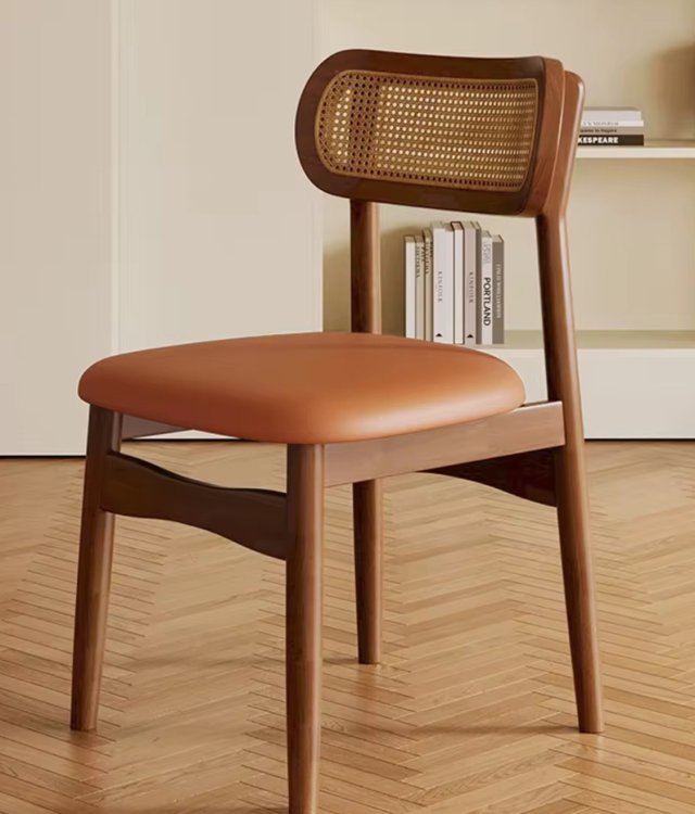 Mid-Century Solid Wood Rattan Dining Chair | PU Leather Cushion Cane Back Accent Chair