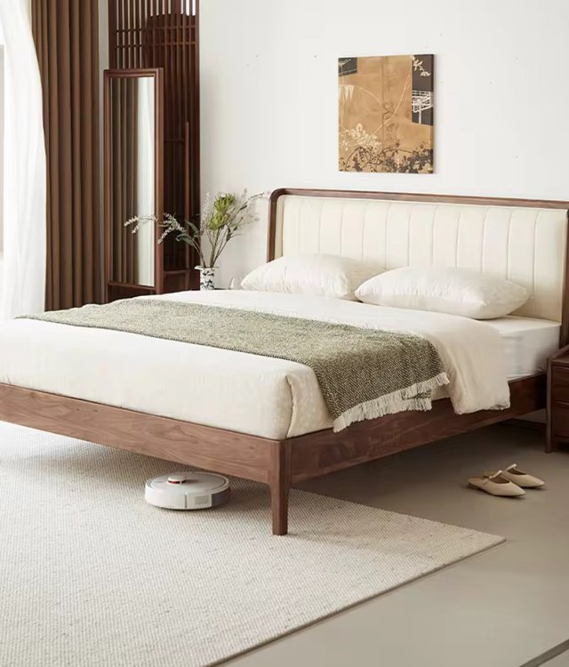 Modern Solid Wood Bed with Soft Fabric Headboard | Walnut Finish