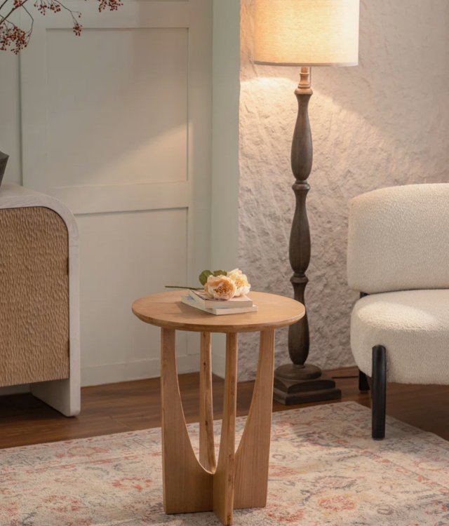 Solid Wood X-Base Round Side Table, MDF Top Modern Rustic Accent Table