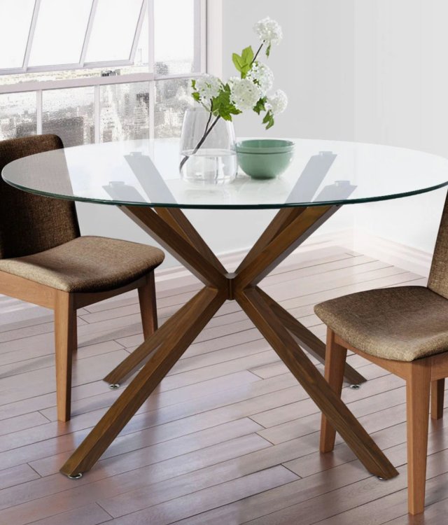 Modern Glass Round Dining Table | Wood X-Base Tempered Glass Kitchen Table