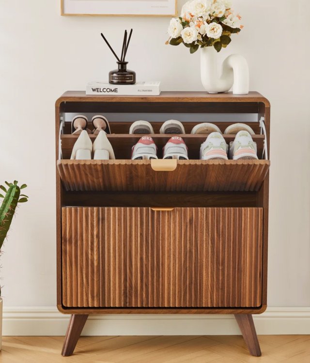 Mid-Century Fluted Wooden Shoe Cabinet (2 Flip Drawers)