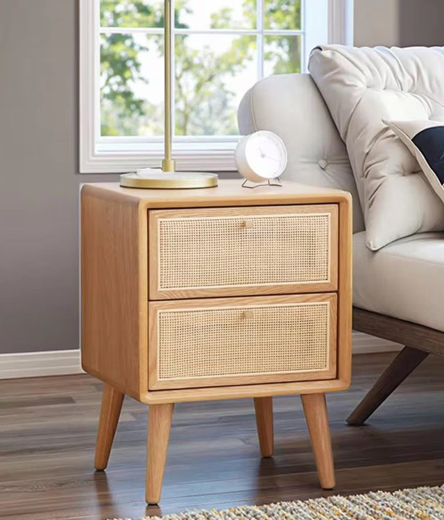 Nordic Rattan Solid Wood Bedside Table | Minimalist Natural Bedside Table