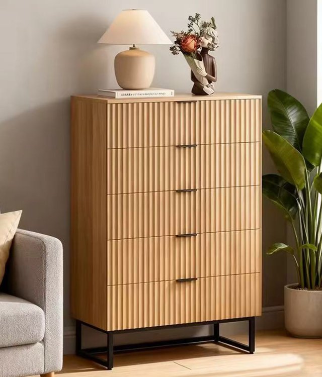 5-Drawer Solid Wood Chest with Fluted Panel | Modern Tall Storage Cabinet for Living Room & Bedroom | Natural Oak Finish