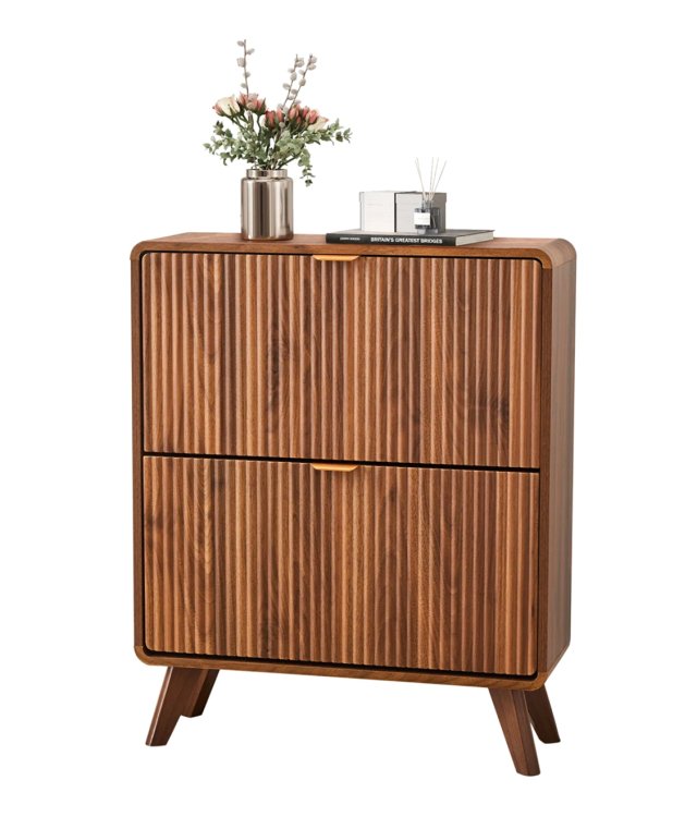 Mid-Century Fluted Wooden Shoe Cabinet (2 Flip Drawers)