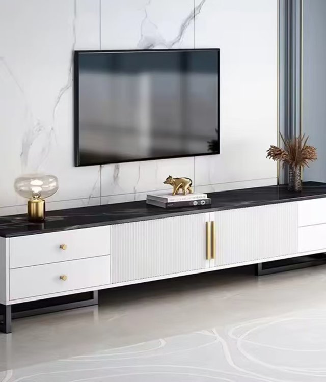 Modern Marble Top TV Stand with Gold/Black Metal Frame | Fluted Door Media Console