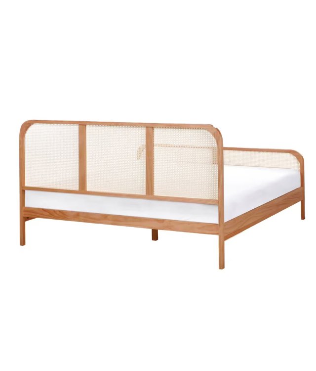 Scandinavian Rattan Bed Frame with Solid Wood Frame | Natural Cane Headboard & Footboard | 160x200cm