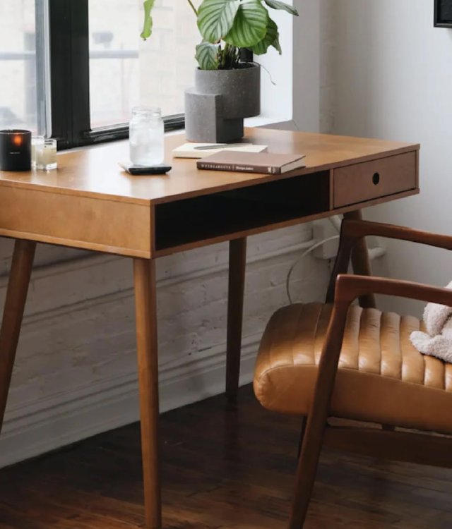 Solid Wood Home Office Desk with Tapered Legs – 1 Drawer + Open Storage